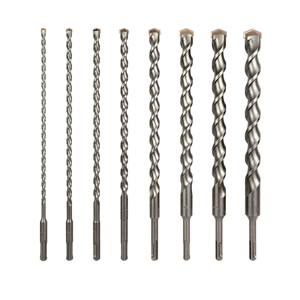 8-Piece 12in SDS Plus Drill Bits for Brick, Stone, Concrete, 1/4in x 12in, 5/16in x 12in, 3/8in x 12in, 1/2in x 12in, 5/8in x 12in, 3/4in x 12in, 7/8in x 12in, 1in x 12in (12" 8-Piece Set)