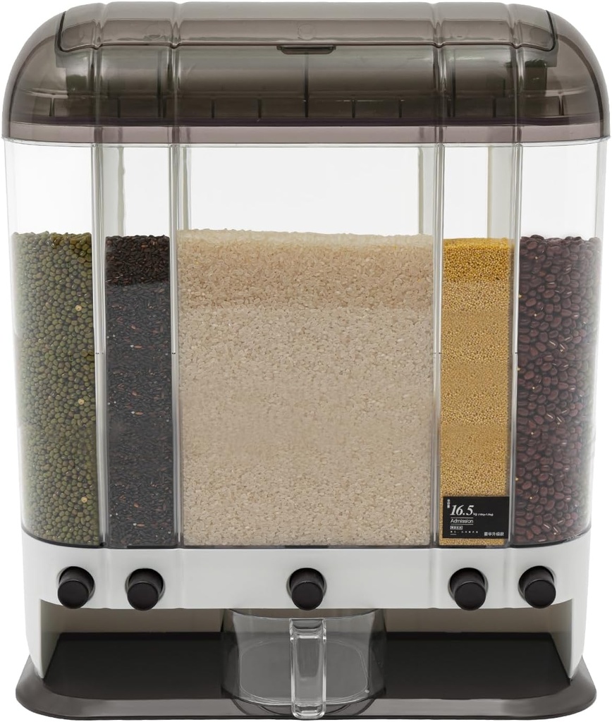 mignonnememe Rice Dispenser 36.37 lbs Rice Container with Measuring Cup, 5 Grids Removable Dry Food Dispenser Container Storage for Home Kitchen Pantry Brown