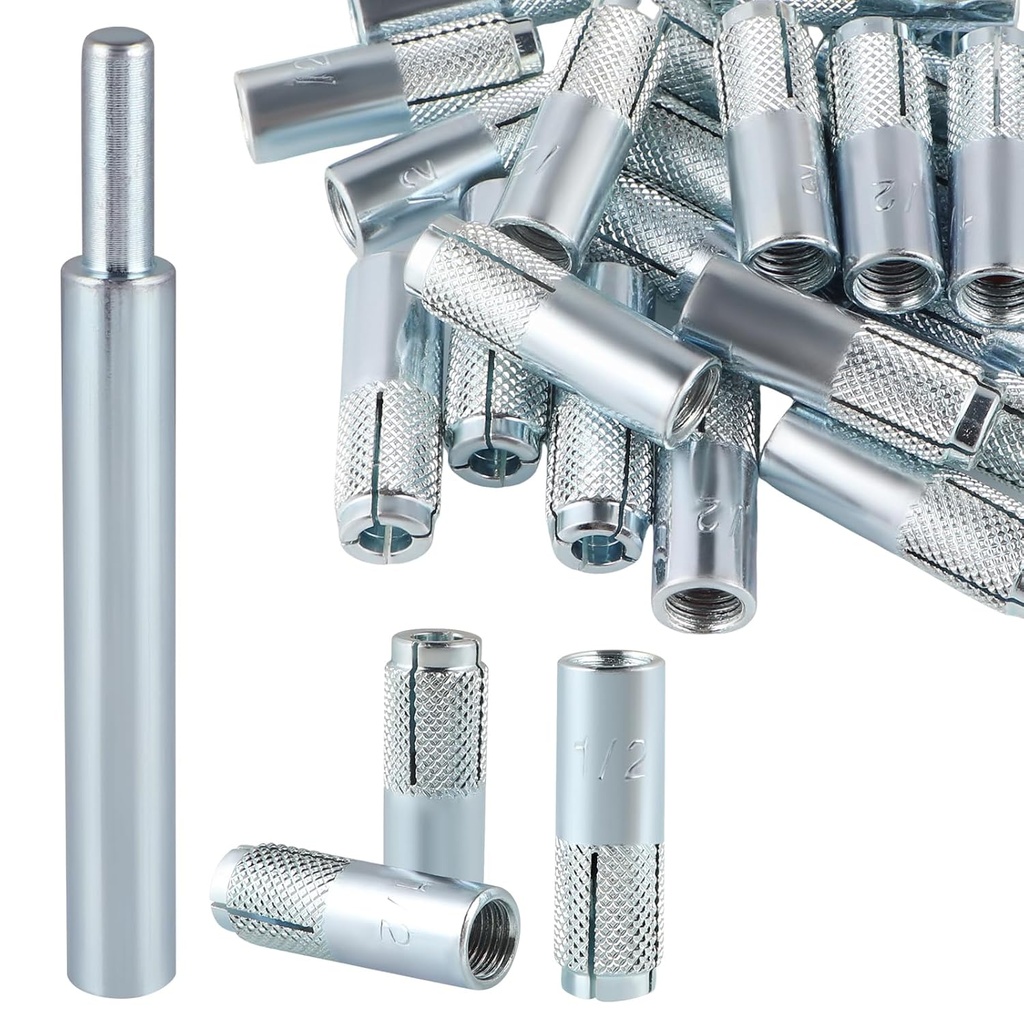 25 Pcs Drop in Anchors with 1 Pcs Hand Setting Tool, 1/2"-13 Female Thread Expansion Anchors for Concrete