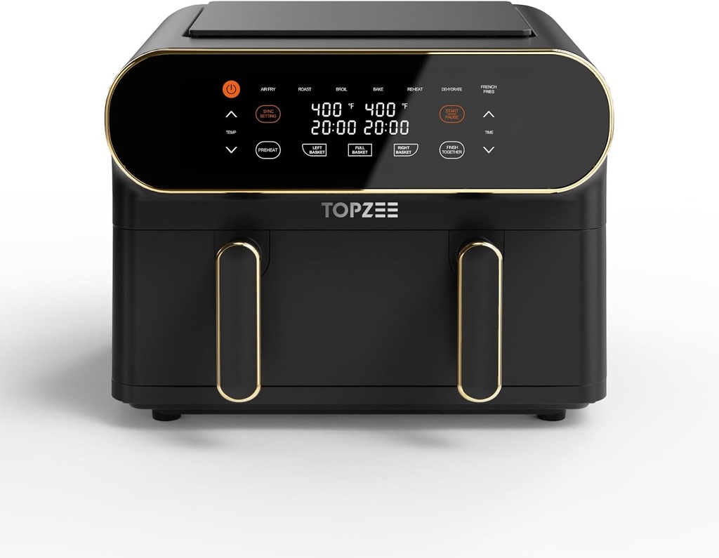TOPZEE 11-QT Large Air Fryer, 8-in-1 XL Airfryer with Flex Basket, Divider for Dual Cooking, Preheat Air Fry, Roast, Broil, Bake, Reheat, Dehydrate, French Fries Dishwasher Safe, w/Gold Border