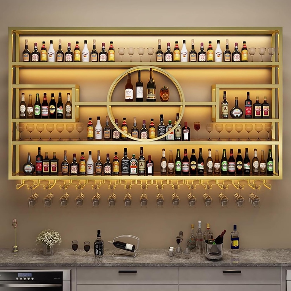 Bar Shelf Wine Rack Wall Mounted with Wine Glass Holder with LED Light,Floating Bar Shelves,Iron Liquor Bottle Display Shelf,Hanging Metal Wine Storage Racks for n,Wine Cellar,Black/G