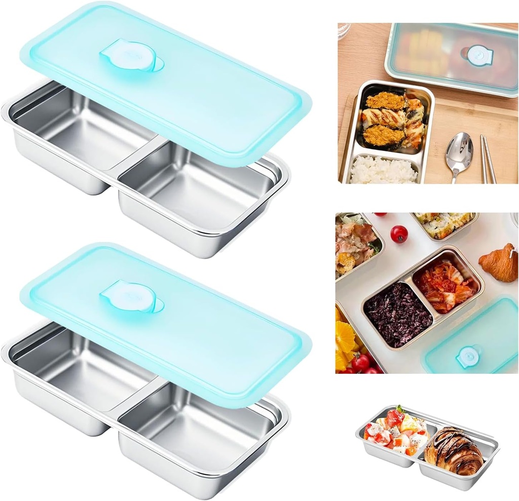 2PCS Stainless Steel Snack Containers with Lids,Reusable Double-Compartment Bento Lunch & Condiment Containers for Meal Prep, Work & Travel