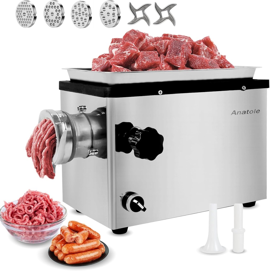 Anatole Commercial Electric Meat Grinder 1.3 HP 950 W Heavy Duty Meat Bones Mincer Stainless Steel Sausage Stuffer with 4 Grinding Plates 2 Blades for Restaurant Hotel 110V