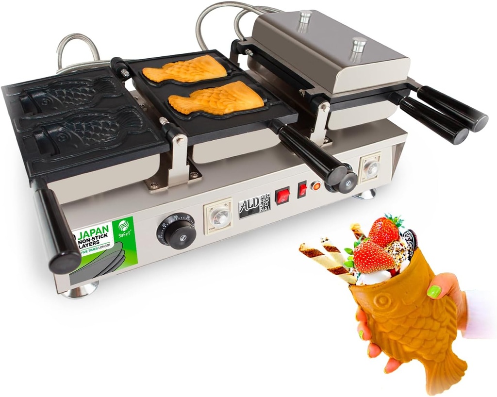 ALDKitchen Open Mouth Fish Waffle Machine | Stainless Steel Electric Taiyaki Maker with Nonstick Baking Molds | Fish Shaped Ice Cream Cones | 3.2kW | 110V (4 Open-Mouth Fish)