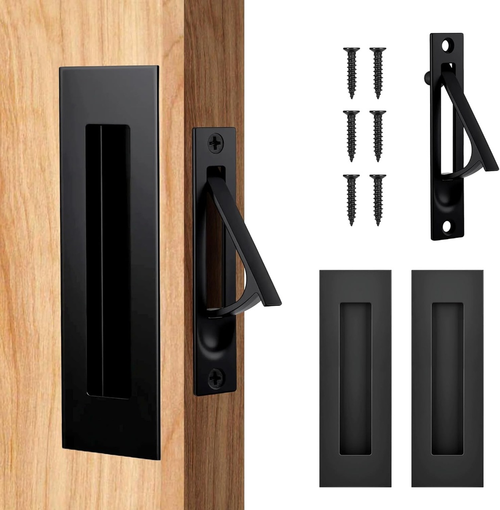 Lpraer 150mm Matte Black Pocket Door Hardware Set, 2 Recessed Flush Pulls + 1 Edge Pull, 304 Stainless Steel for Solid Wood Sliding Closet Barn Doors