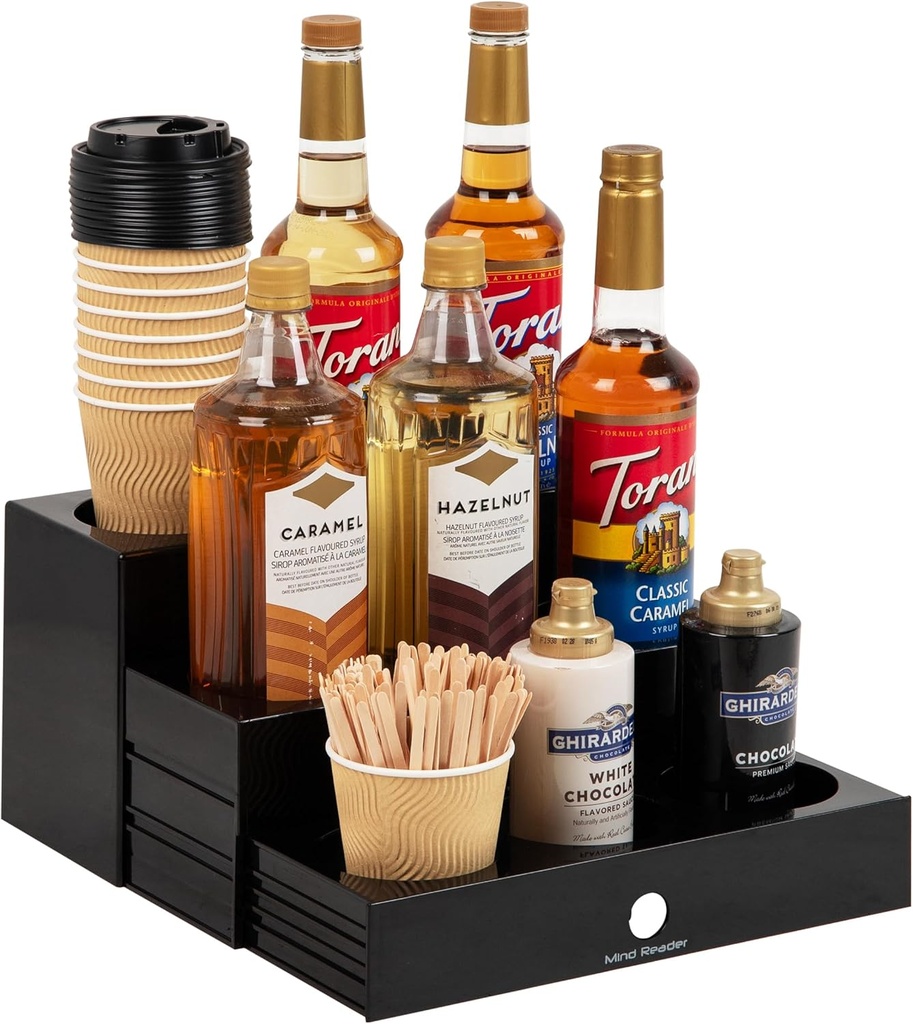 Mind Reader Coffee Syrup Station, Coffee Bar Accessories, Countertop Organizer, Acrylic, 14.25" L x 12.5" W x 7" H, Black