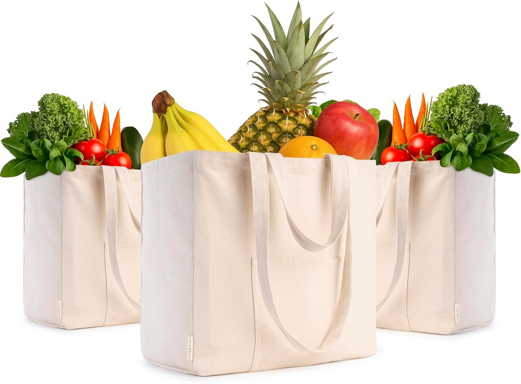 Premium Canvas Grocery bags with Real Pockets, Frontal Pocket, Long Shoulder Strap and Short Handle, 3Pc, XL