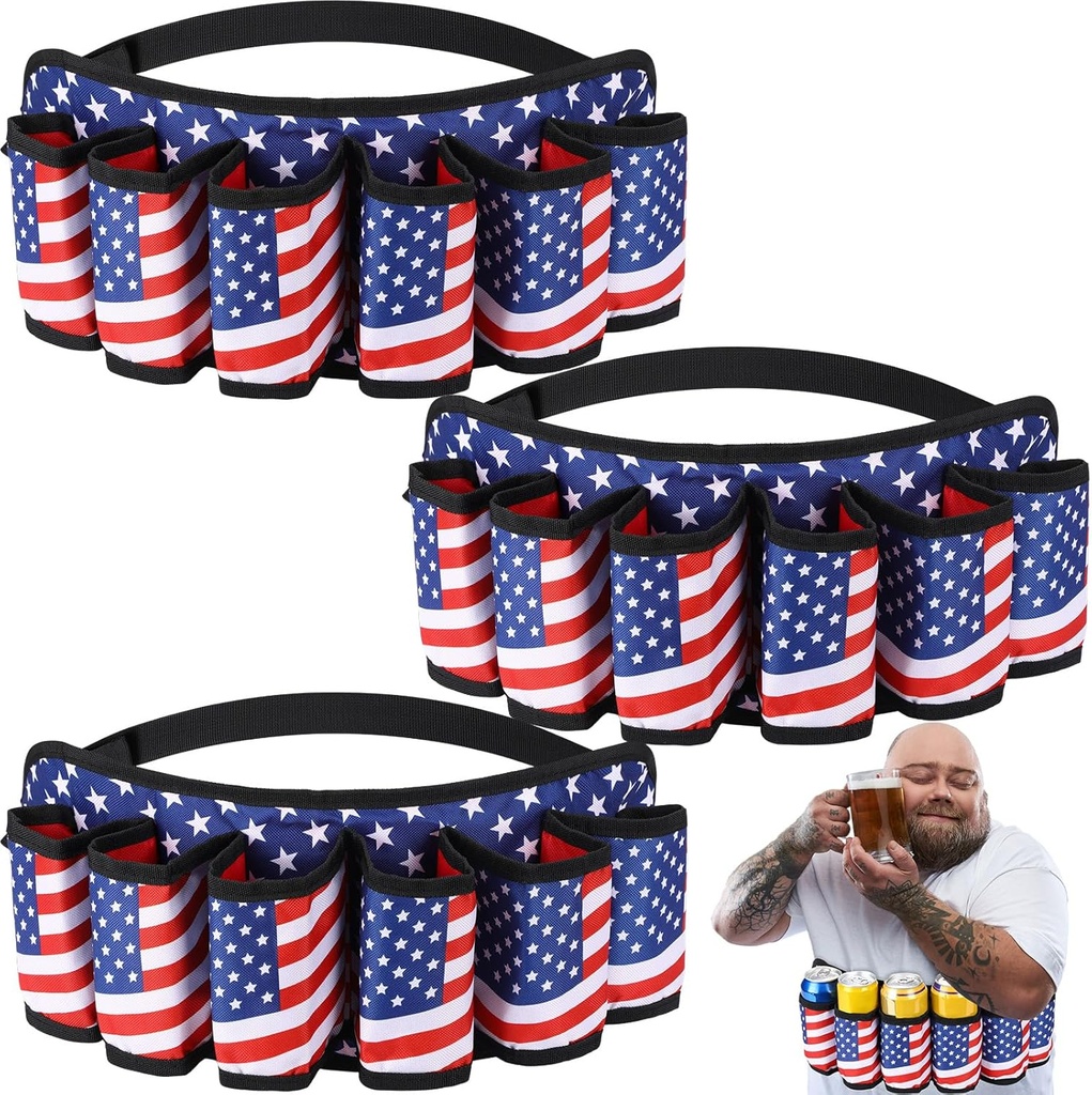 3 Pcs 4th of July Beer Belt Patriotic Beverage Belt American Themed Beer Holder for Men 6 Can Holder with Adjustable Waist Strap Buckle for Memorial Day Independence Day