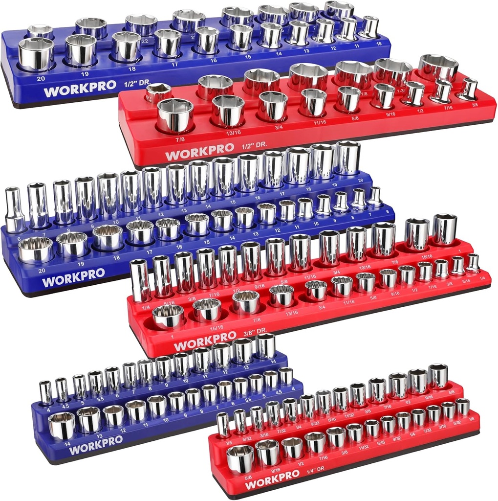 WORKPRO Magnetic Socket Organizer Set, 6-Piece Socket Holder Set Includes 1/4", 3/8", 1/2" Drive Metric SAE Socket Trays, Holds 143 Pieces Sockets, Christmas Gift for Men(Socket not Included)