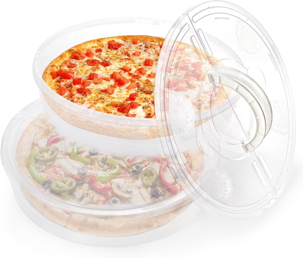 Lawei 2 Pack 12 Inch Food Storage Container with Lid and Handle, 2 Compartments Plastic Pie Carrier Pizza Slice Storage Containers, Reusable Round Pie Keeper Holder for Cake Cheesecake Tortilla
