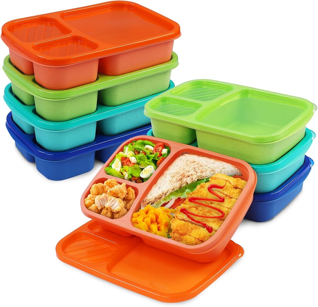 8 Pack Bento Lunch Box Set 3 Compartment Wheat Straw Meal Prep Food Storage Containers Plastic, Microwave and Dishwasher Safe （Jewel Brights）