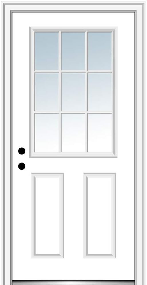 National Door Company, Right-Hand Inswing, Primed Fiberglass Smooth, 9 Lite 2-Panel External Grilles, Clear Low-E Glass, Prehung Entry Door on 6-9/16" Composite Frame, 32" x 80"
