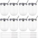 12 oz Insulated Wine Tumbler with Lid and Straw,Stainless Steel Stemless Wine Tumbler Glasses Double Wall Vacuum Wine Cups Tumbler Bulk for Coffee,Champaign,Cocktail (White,8)