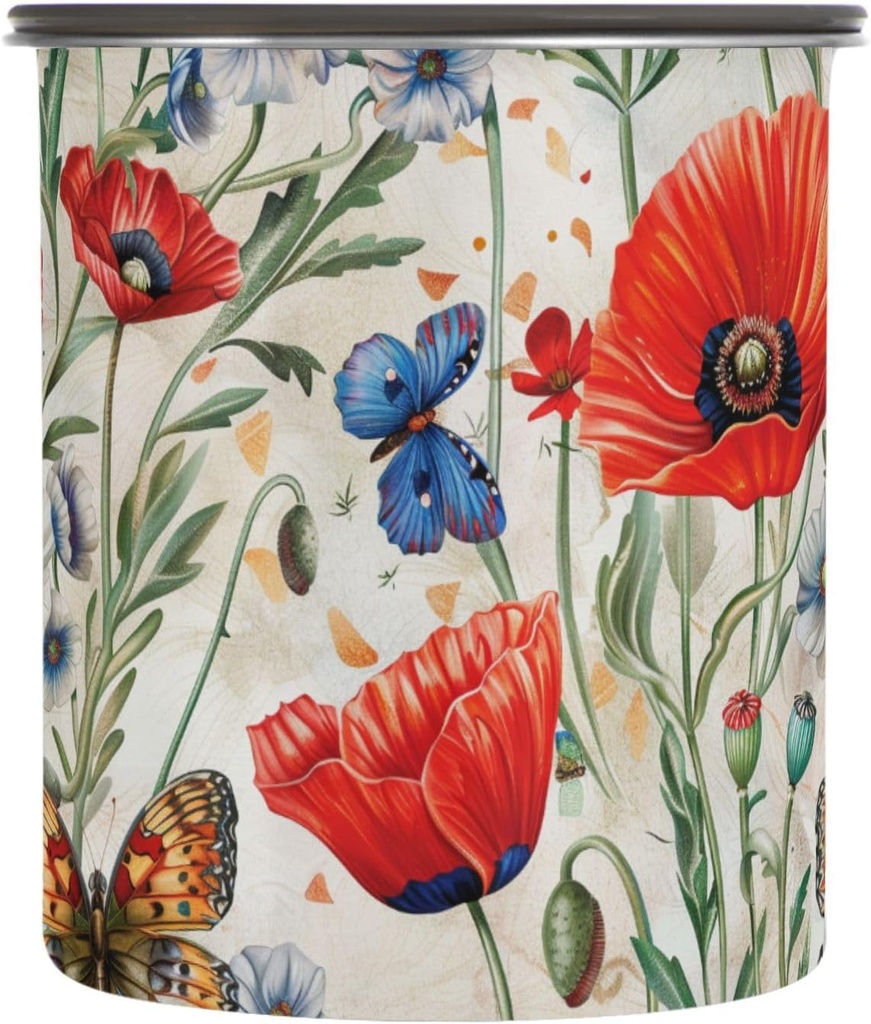ALAZA Red Poppy Flowers Butterfly Airtight Coffee Bean Canister 30oz Food Storage Containers with Lids For Gournd, Tea, Sugar, Flour, Rice, Cereal, Candy Cookie Jar
