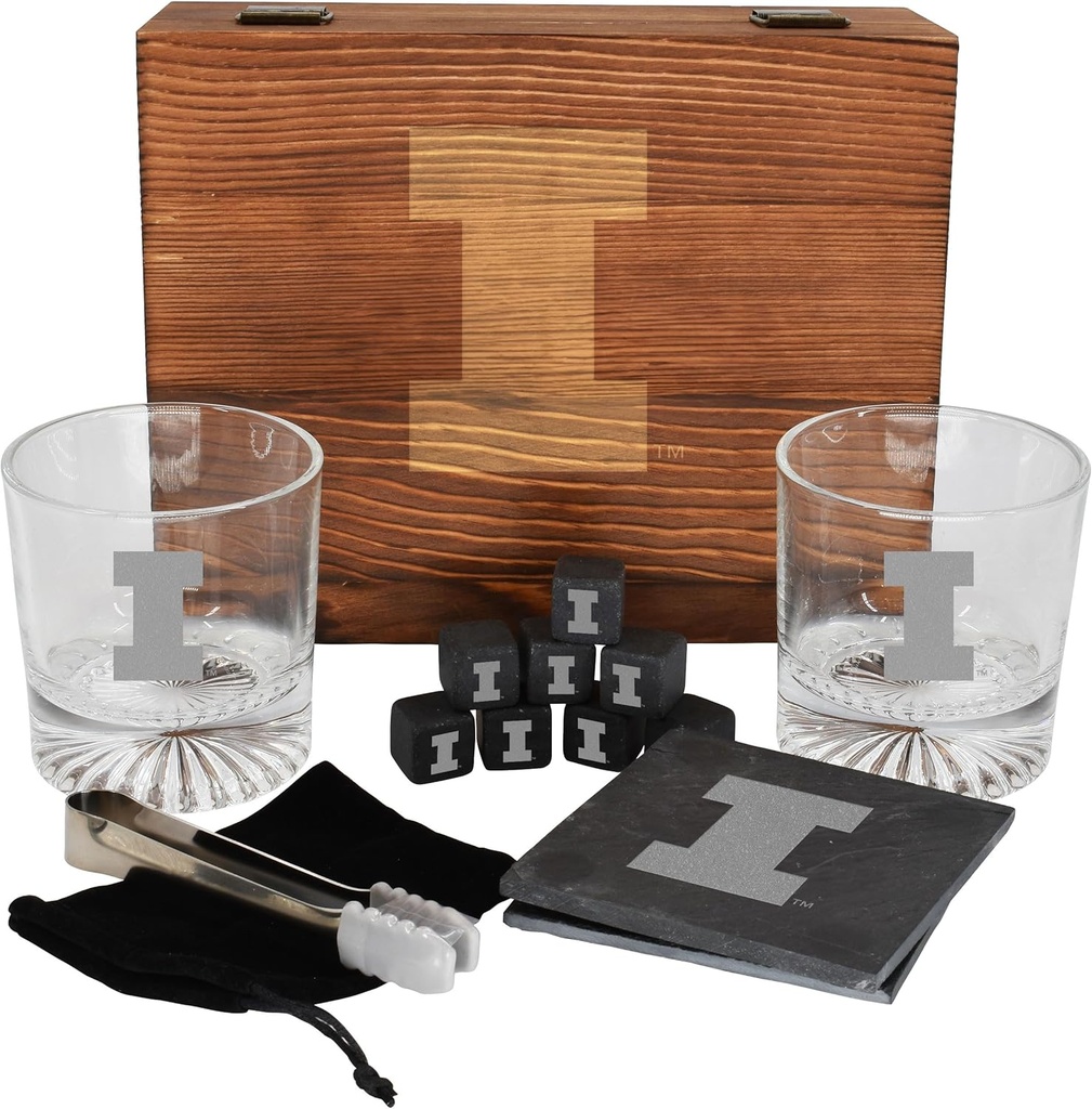 The Memory Company Licensed NCAA Wood Boxed Drinkware Gift Set - Includes 2 Premium Rock Glasses, Cooling Cubes, Tongs, and Coasters, University of Illinois