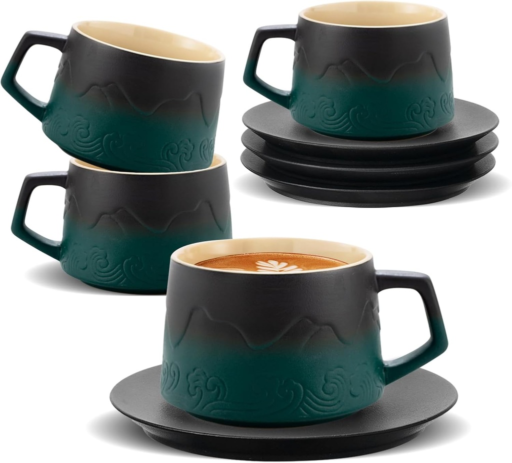 8 oz Cappuccino Cups Set of 4 with Saucers, Embossment Ceramic Latte Art Cappuccino Mugs for Cafe Au Lait, Hand-sprayed Gradient Green Coffee Cups for Tea, Coffee Lover Gifts