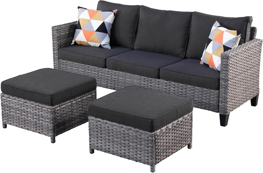 ovios 3 Pieces Patio Furniture Set Outdoor Sofa with Ottomans, Wicker Rattan Couch with Footrests Comfy Cushions, All Weather Sofas Couches for Porch Backyard Garden, Black
