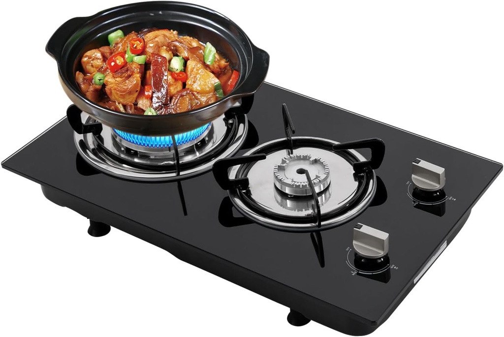 Tempered Glass 2 Burner Gas Cooktop, Gas Stove, Adjustable Firepower Propane Cooktop for Home Kitchens, Restaurants