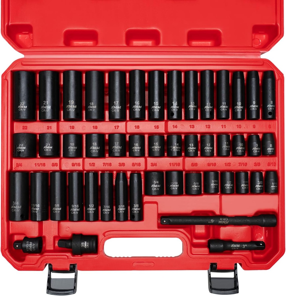 AMM 3/8" Drive Impact Socket Set, 48-Piece Standard SAE (5/16 to 3/4 inch) and Metric (8-22mm) Size, 3" and 6" Drive Extension Bar, Impact Universal Joint, 3/8" to 1/2" Impact Adaptor, CR-V