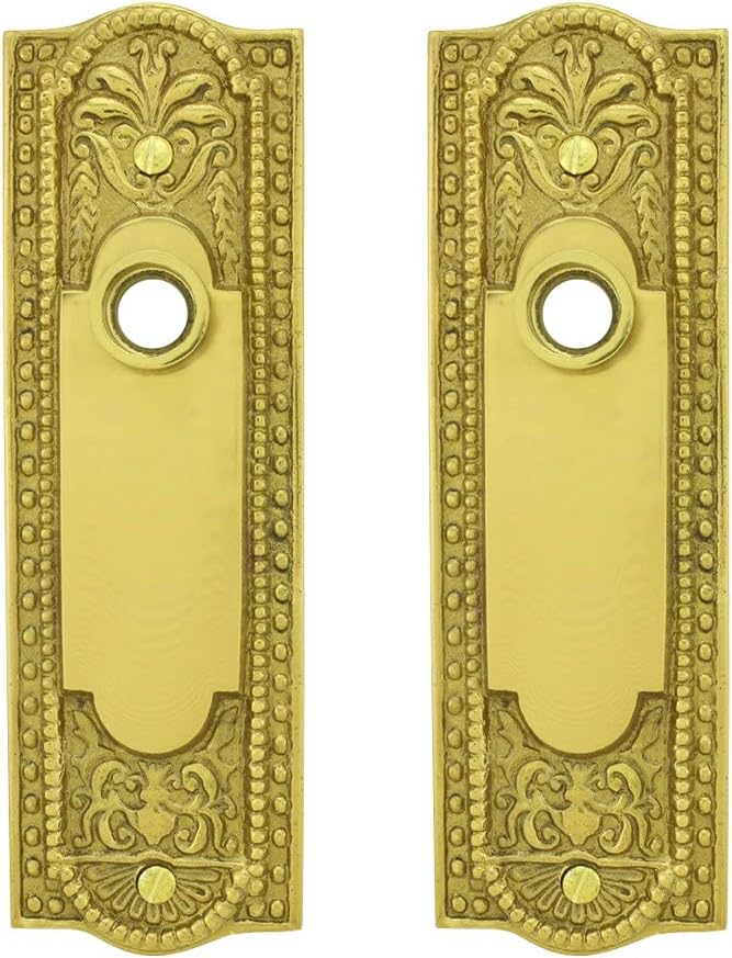 Renovators Supply Manufacturing Door Back Plate Brass 7 1/4 in. Escutcheon Cover Ornate Doorplate in Lacquered Brass Finish Pack of 2