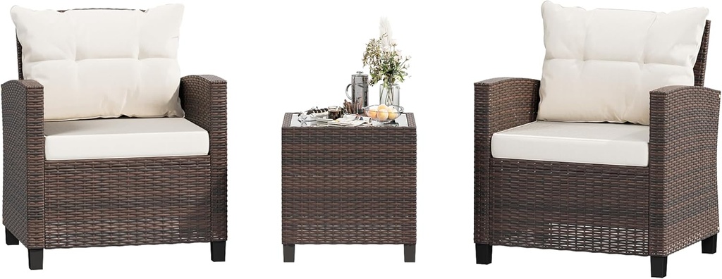 Shintenchi 3 Pieces Patio Furniture Set 3 Pieces PE Rattan Wicker Chairs with Table Outdoor Furniture for Backyard/Garden/Poolside/Outdoor Restaurant Brown Rattan with White Cushion