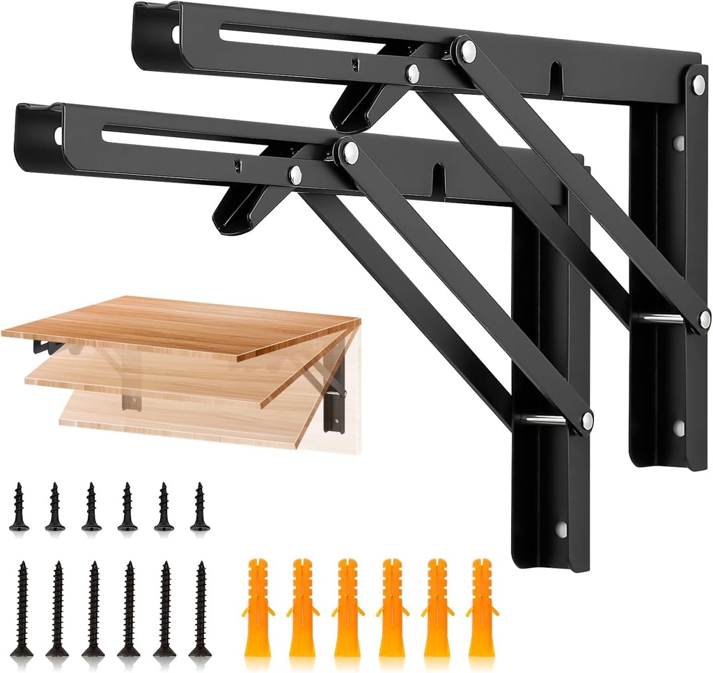 JOY DECOR 12 Inch Heavy Duty Folding Shelf Brackets, 2 Pack (1 Pair) Collapsible Wall Mounted Brackets for Fold Down Table, Stainless Steel Folding Table Hinge, Matte Black