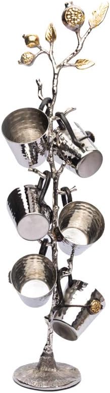 Yair Emanuel Set of 6 Liquor Cups of Hammered Metal on Pomegranate Branch Stand
