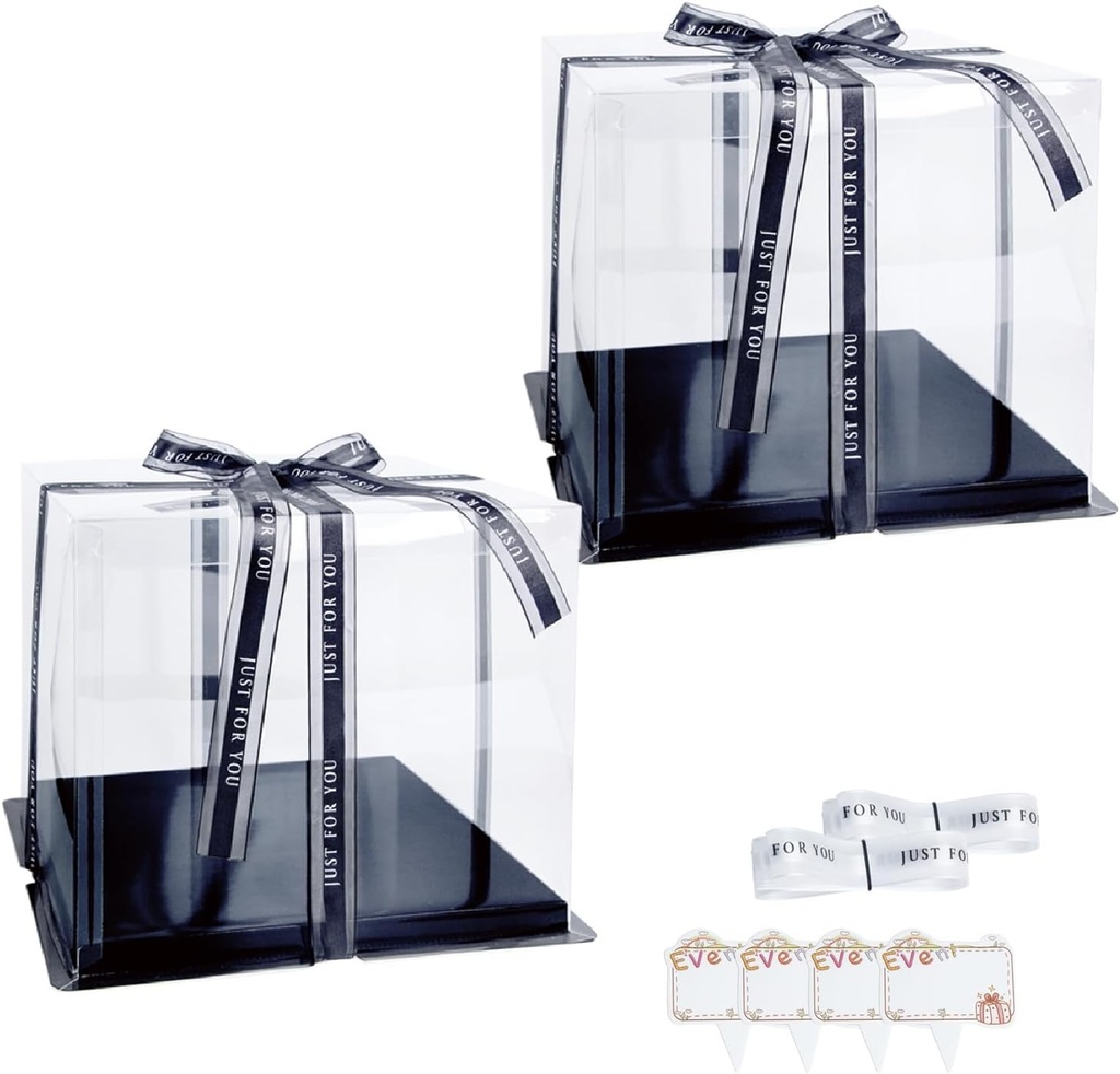 Clear Cake Box, 2 Pcs Transparent Cake Carrier Box with Lids, 6'' PET Packaging Boxes with Ribbon Gift Card for Pastries, Clear Gift Boxes for Birthday, Wedding and Festival Party, Black.