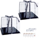 Clear Cake Box, 2 Pcs Transparent Cake Carrier Box with Lids, 6'' PET Packaging Boxes with Ribbon Gift Card for Pastries, Clear Gift Boxes for Birthday, Wedding and Festival Party, Black.