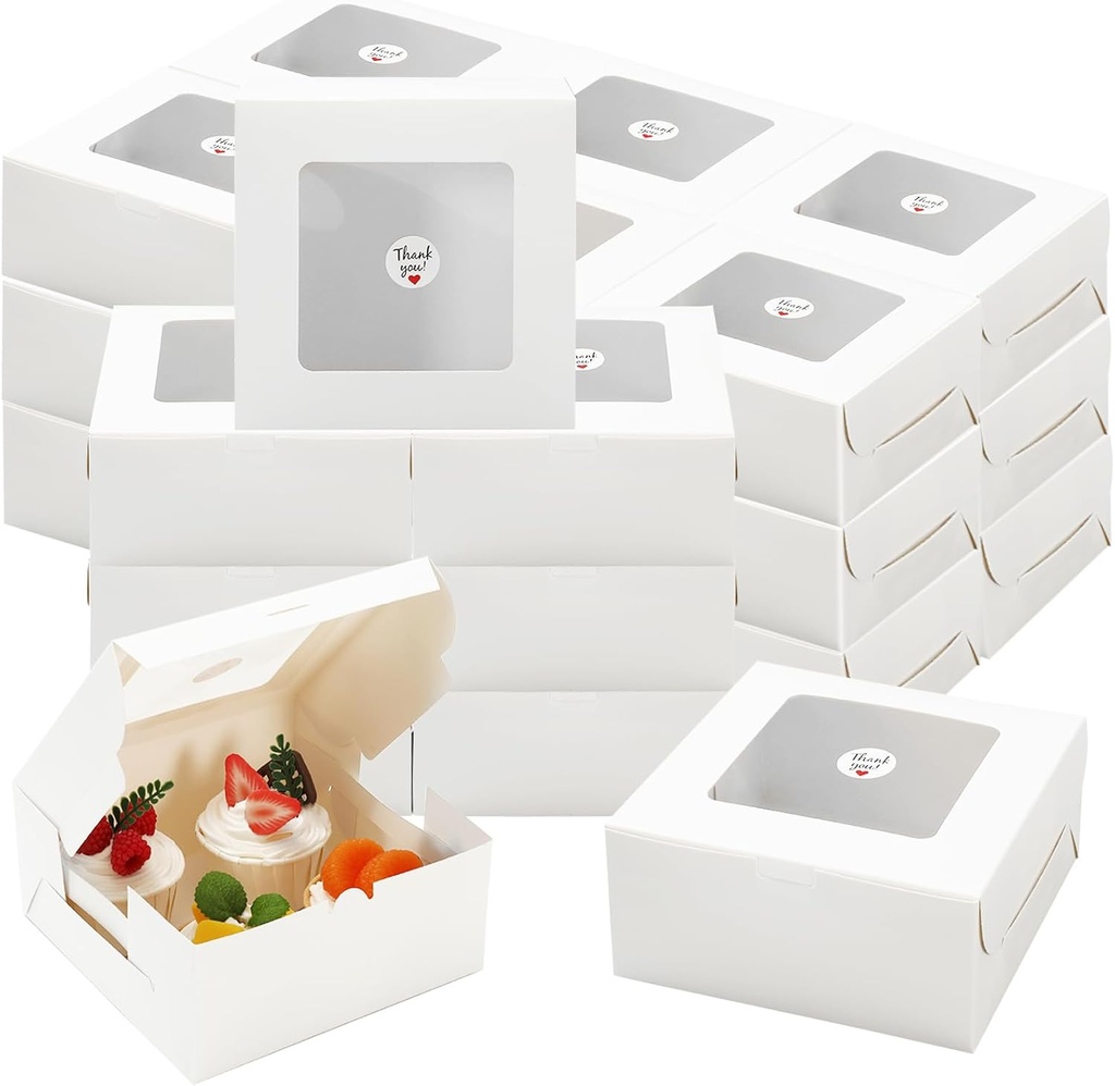 80 Pack Paper Cupcake Boxes with Window 4 Cavity 6 x 6 x 3 Inch White Cupcake Container Cookie Gift Treat Box Bakery Cake Carrier for Birthday Holiday Party Supplies