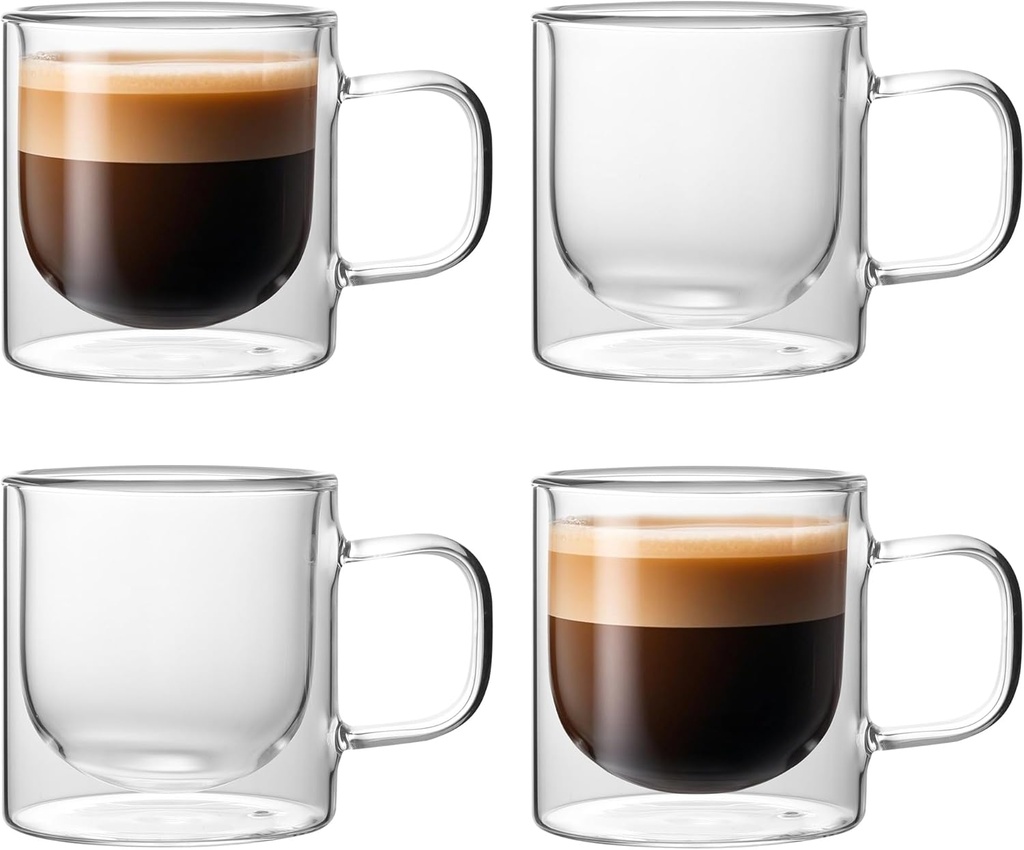 NIRA.Z 4 Pack Double Walled Glass Coffee Mugs with Handle 12 OZ Clear Borosilicate Glass Insulated Glass Coffee Cups for Hot Cold Beverages, Cappuccino, Latte, and Tea Bags, Espresso Accessories