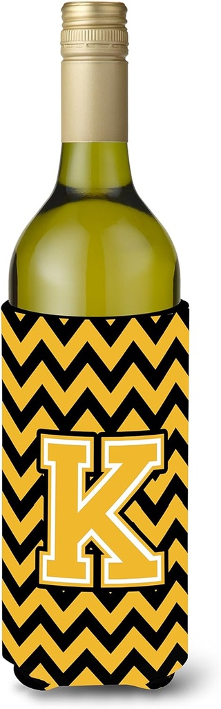 Caroline's Treasures CJ1053-KLITERK Letter K Chevron Black and Gold Wine Bottle Hugger Bottle Cooler Sleeve Hugger Machine Washable Collapsible Insulator Beverage Insulated Holder