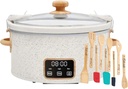 Generic Pioneer Woman 6 QT Slow Cooker, Locking Lid, Removable Crock, Digital, Model, With Gadgets 9 Pieces Utensil Natural Bamboo Bundle, Speckled Linen