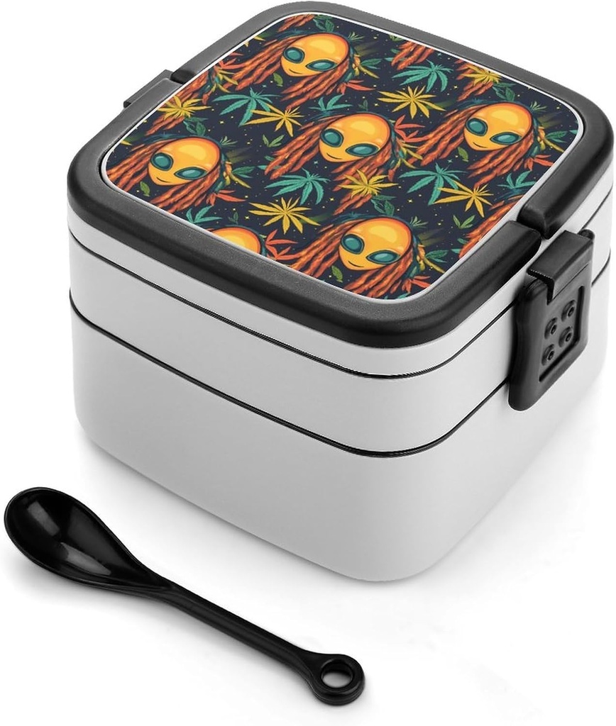 Rasta Aliens Weed Stackable Bento Box for Adults Double Layer Lunch Boxes Set with Spoon And Invisible Handle