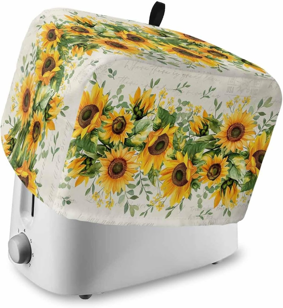 Sunflower Toaster Cover 4 Slice, Country Botanical Yellow Green Floral Leaf Dustproof Bread Machine Oven Cover with Storage Pockets, Fits Most Kitchen Toasters Protector