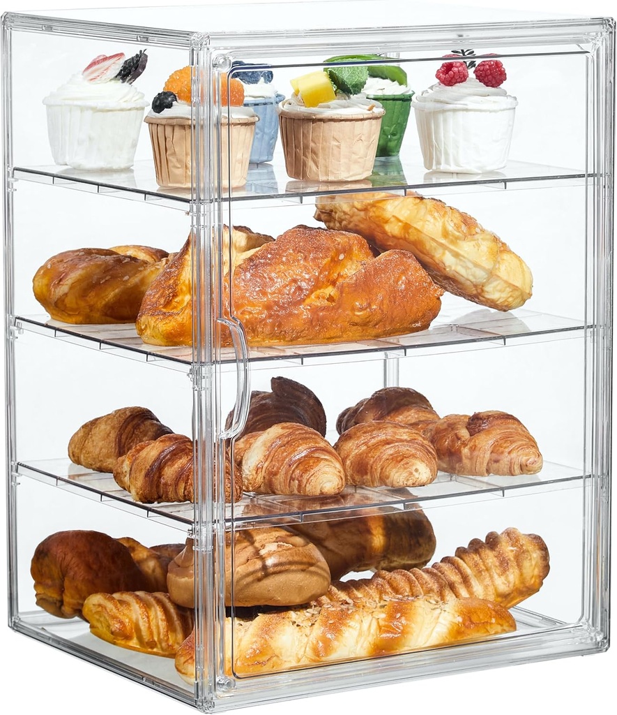 Pastry Display Case,Bread Box for Kitchen Countertop,4 Layers Adjustable Clear Bread Storage with Magnetic Door Bakery Pastry Display15.5x11.4x9.8inch，1 Pack