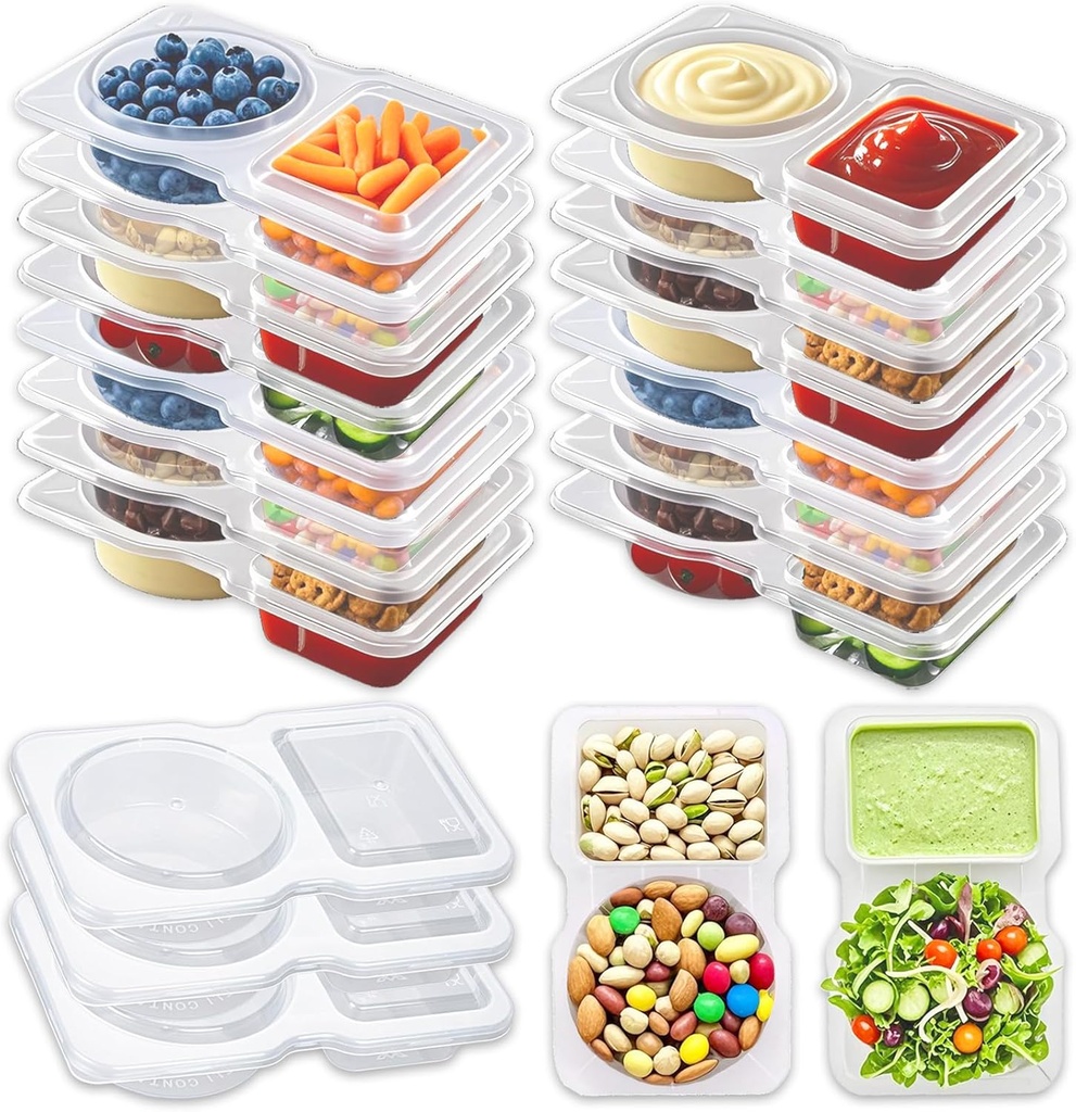 BADBLUE 16Pack Snack Box Containers, Double Compartment Condiment Containers with Lids, Reusable Small Sauce Dipping Container, Grab and Go Disposable Mini Snack Container for Kids Adults