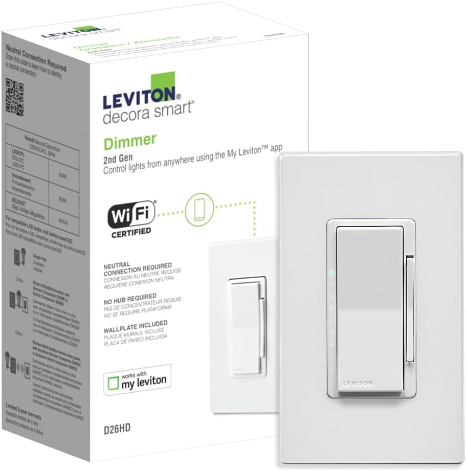 Leviton Decora Smart Dimmer Switch, Wi-Fi 2nd Gen, Neutral Wire Required, Works with Matter, My Leviton, Alexa, Google Assistant, Apple Home/Siri & Wired or Wire-Free 3-Way, D26HD-2RW, White