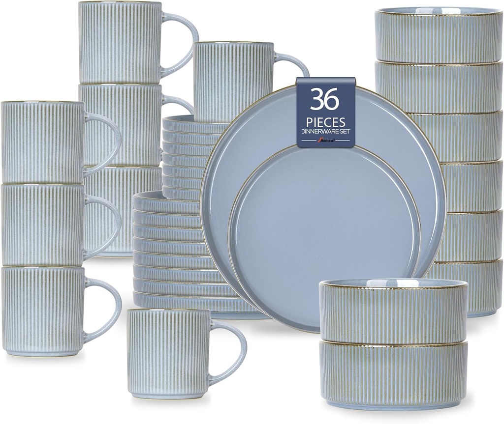 Romswi Dinnerware Set for 8, 32Pcs Stoneware Plates and Bowls Sets with Mugs, Chip & Scratch Resistant Dish Set, Handmade Reactive Glaze Plate Set, Oven, Microwave and Dishwasher Safe, Gray Blue