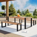 Harper & Bright Designs GO 3-Pieces Outdoor Dining Table with 2 Benches, Patio Dining Set with Unique Top Texture, Acacia Wood Top & Steel Frame, All Weather Use, for Outdoor & Indoor, Natural