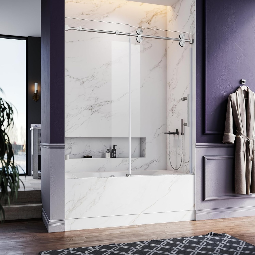 56-60 Inch x 66 Inch Sliding Frameless Bathtub Door, 3/8" Tempered Glass with Easy-Cleaning Coating, Stainless Steel Rollers & SGCC-Certified Stability, Brushed Nickel