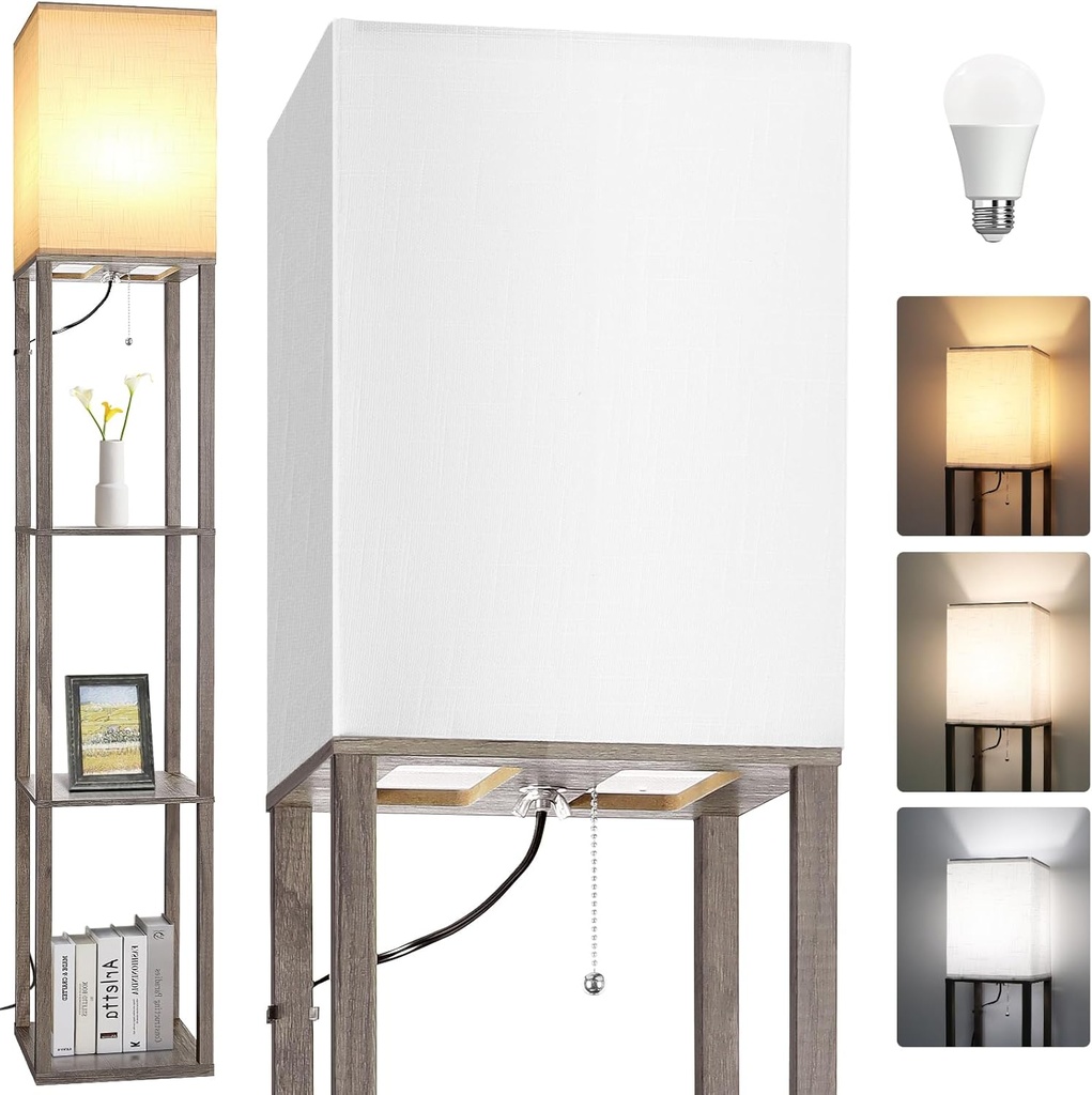 Floor Lamp with Shelves，Wood Corner Floor Lamps for living room tables with 3 CCT LED Bulb,Modern Display Bookshelf Nightstand Lamps,Column Standing Lamp for Bedroom Office Home Decor-Rustic Wood