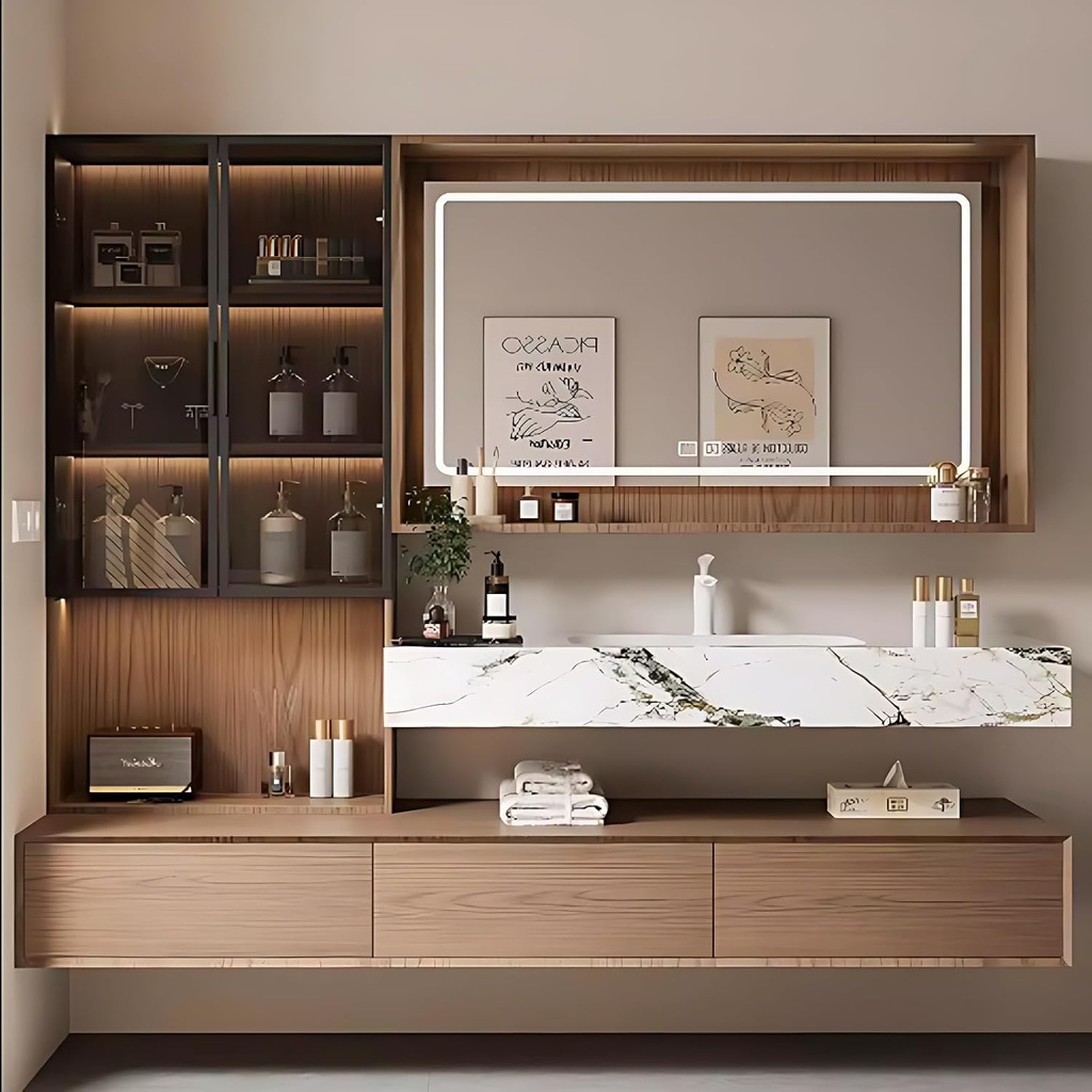 Bathroom Vanity with Sink - Wall Mounted Bathroom Vanity Set with Smart LED Defog Mirror, Solid Wood Sink Cabinet with Multiple Storage Areas (Wood-Mirror,56IN)