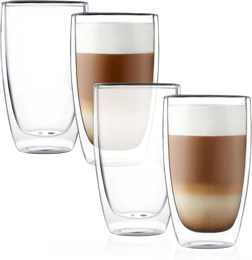 CNGLASS Double Wall Thermo Glass Coffee Cup 13.5 oz,Clear Insulated Glass Coffee Mug for Latte Cappuccino Tea Milk,Set of 4