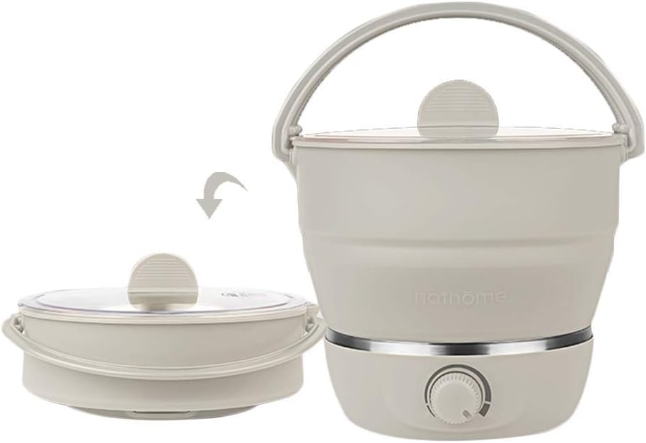 Foldable Electric Hot Pot Cooker, Mini Kettle Food Grade Silicone Cookerware Boiling Water Steamer Portable Travel Global Use-(Cream-coloured)