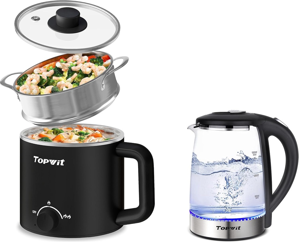 Topwit Electric Cooker with Steamer, 1.6L Ramen Cooker & Electric Kettle Glass Hot Water Kettle