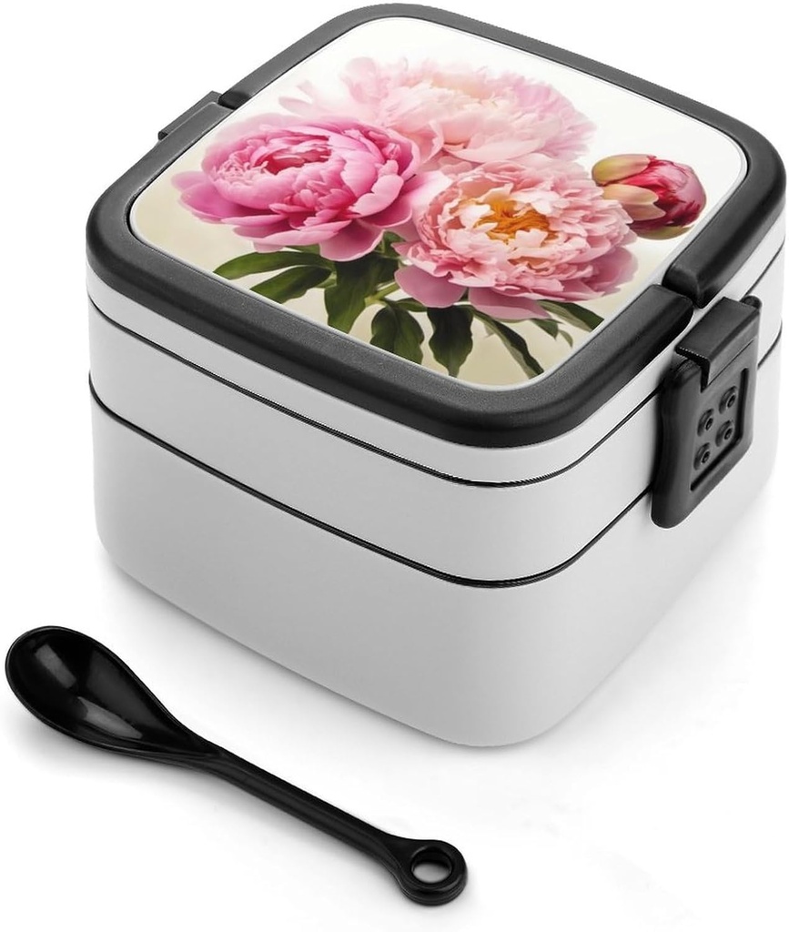 Peony Flowers Blossom Bento Box Double-Layer Bento Lunch Container with Spoon And Invisible Handle Adult Leak-Proof Lunchbox for Dining Out Work Picnics Travel