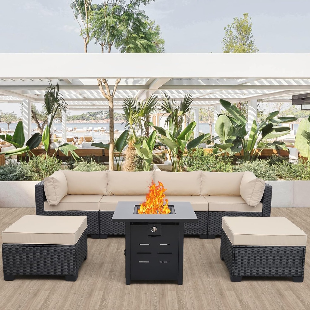 7 Pieces Outdoor PE Wicker Furniture Set Patio Rattan Sectional Conversation Sofa Set with Khaki Cushions and Fire Pit Table
