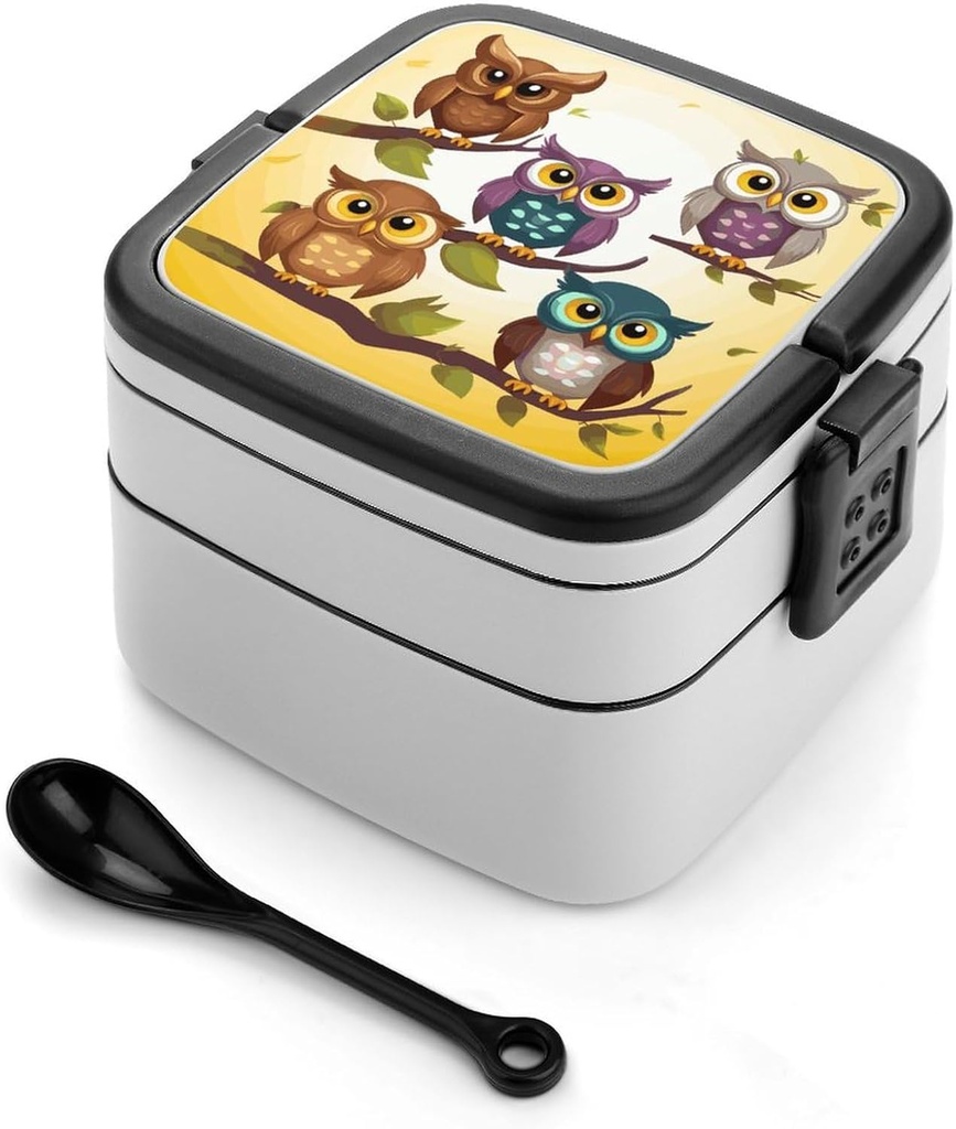 Bento Box Stackable Lunch Box with 2 Compartments Leak-Proof Food Storage Containers Owls Birds Bento Lunch Box for Adults Lunch Containers with Utensil Set, Black