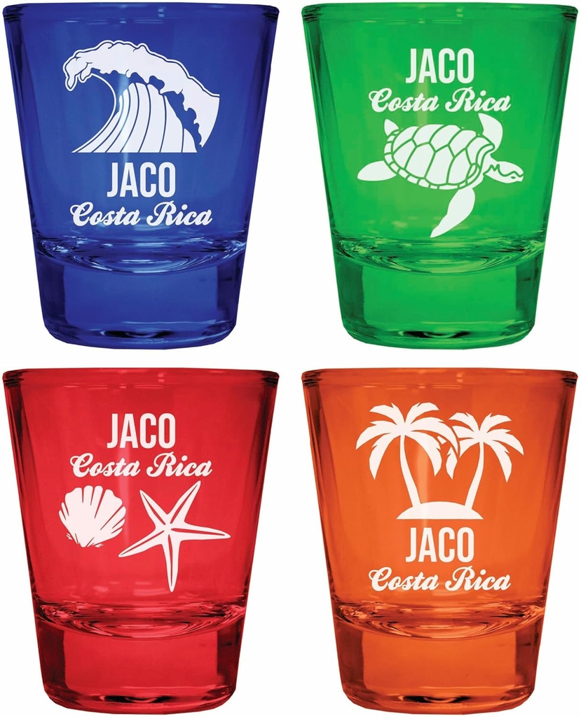 R and R Imports Jaco Costa Rica Souvenir 4-Pack Multicolor Engraved Round Shot Glasses Beach Set